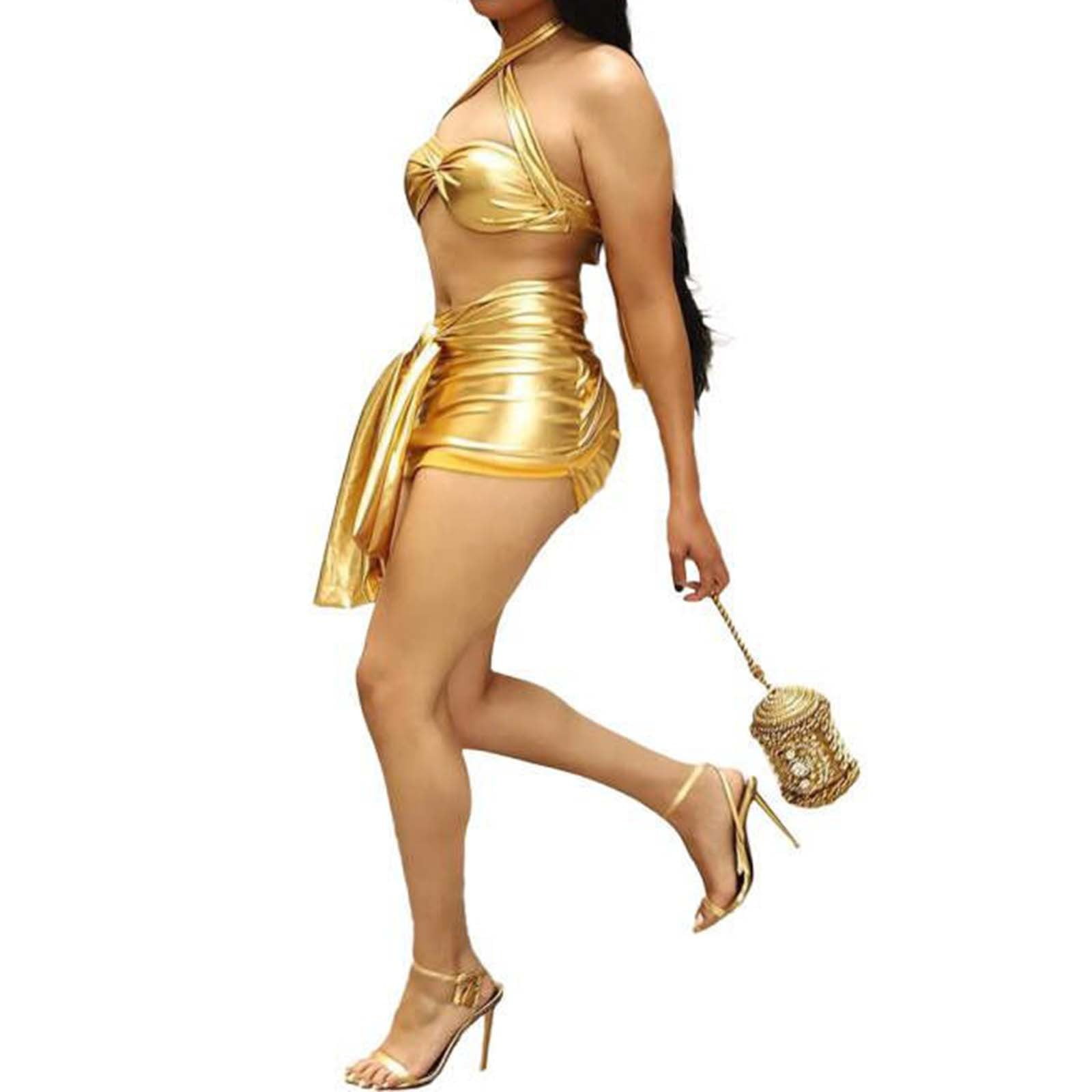 Two Piece Skirt Set Solid Strappy Cropped Top Metallic Finish Stretchy  Skirt Nightclub Suit Womens 2 Piece Outfits Summer Gold M - Walmart.com
