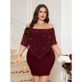 thumbnail image 6 of Burgundy Plus Size Elegant Off-Shoulder Fitted Dress With Pearl Embellishments, 6 of 8