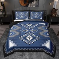 Homewish Vintage Western Aztec Queen Comforter Set for Adult, Steel Blue Square Triangle Bedding Sets, Mandala Style Reversible Bedding Comforter Set, Super Cozy Room Decor, 3-Piece
