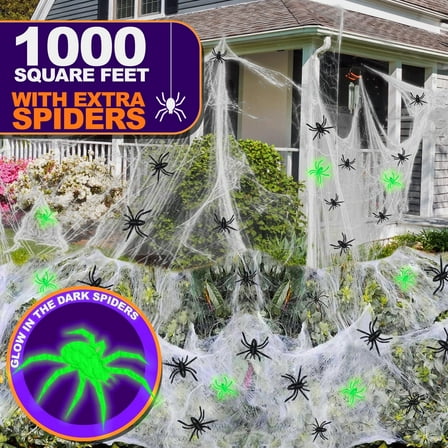 JoyX Halloween Spider Web Decorations, 1000 Sqft Super Stretch Spider Webs with 60 Plastic Fake Spider Glow in the Dark, Indoor/Outdoor 300g/10.58 oz