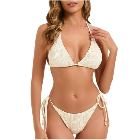 ZZwxWA Women s Bikini Set - Two Piece Ribbed Halter Bikini Top with Bottom Swimwear Tie Side Textured Womens Summer Swimsuit