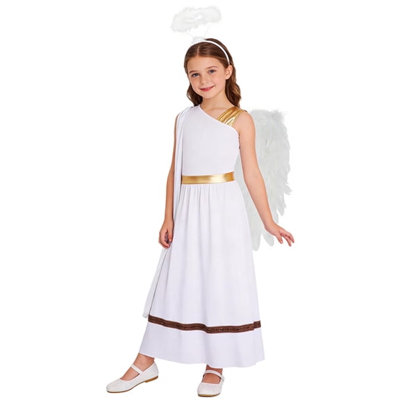 TiaoBug Kids Girls Angel Fancy Dress Outfit Set 3Pcs One Shoulder Toga Long Maxi Gown with Feather Wings & Headband White A 6