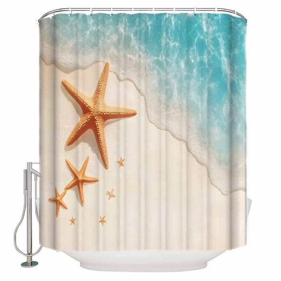 54x78 Inch Shower Curtain Decorative Ocean Starfish Bathtub Bath Curtains Fabric Waterproof Bathroom Decor Beach Shell Shore Waves Summer Sea Small Stall Shower Curtain Set with 12 Hooks