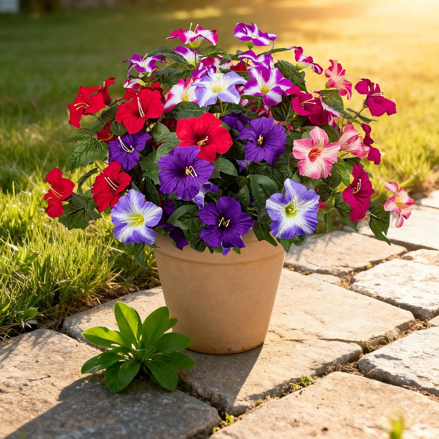 19 Inch Artificial Fake Flowers for Outdoor,4 Pcs Faux Silk Petunias Spring Flowers for Outside for Indoor Porch Planter Front Door Garden Patio Window Box Home Decor(Multiple Color)
