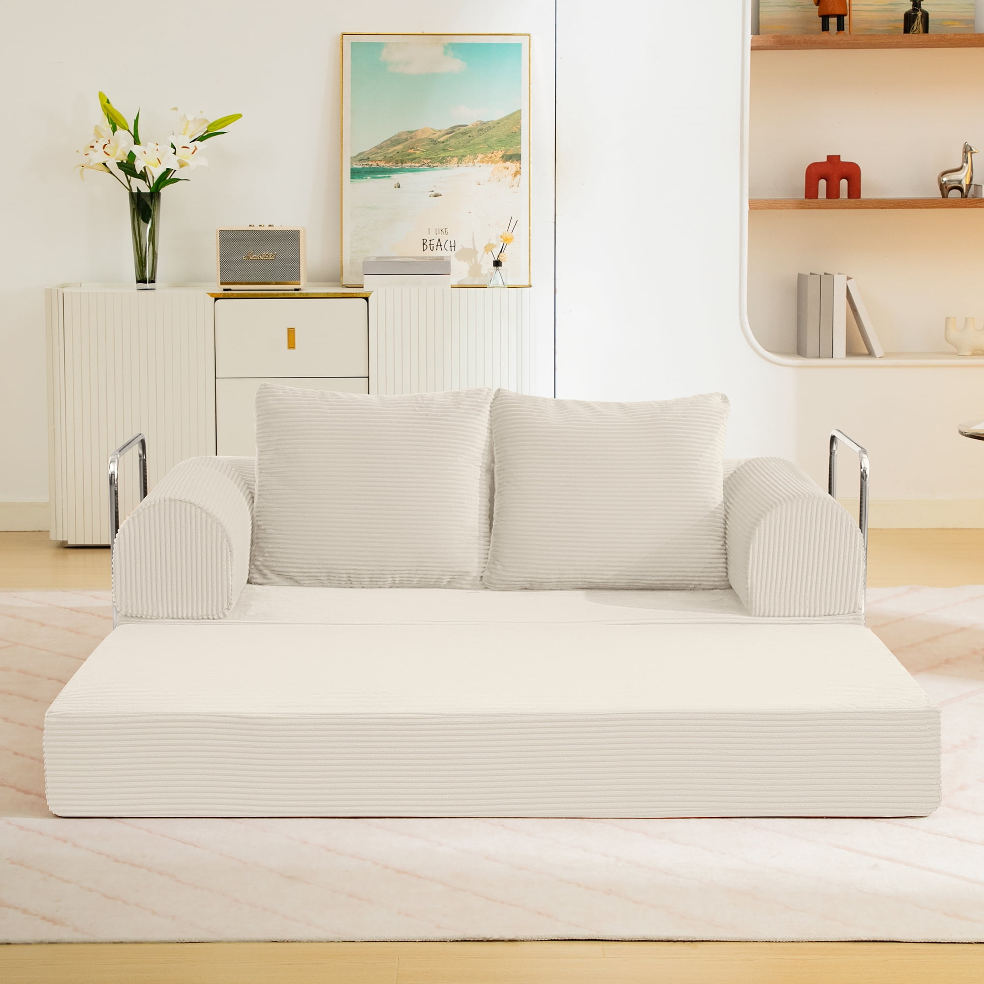 COOLHUT 63" W Convertible Sofa Bed, Foam Floor Sofa, Folding Sleeper Sofa Couch Bed with Six Frame, High Rebound Density Sofa, Corduroy Sofa Couch Bed for Living Room, Bedroom, Beige