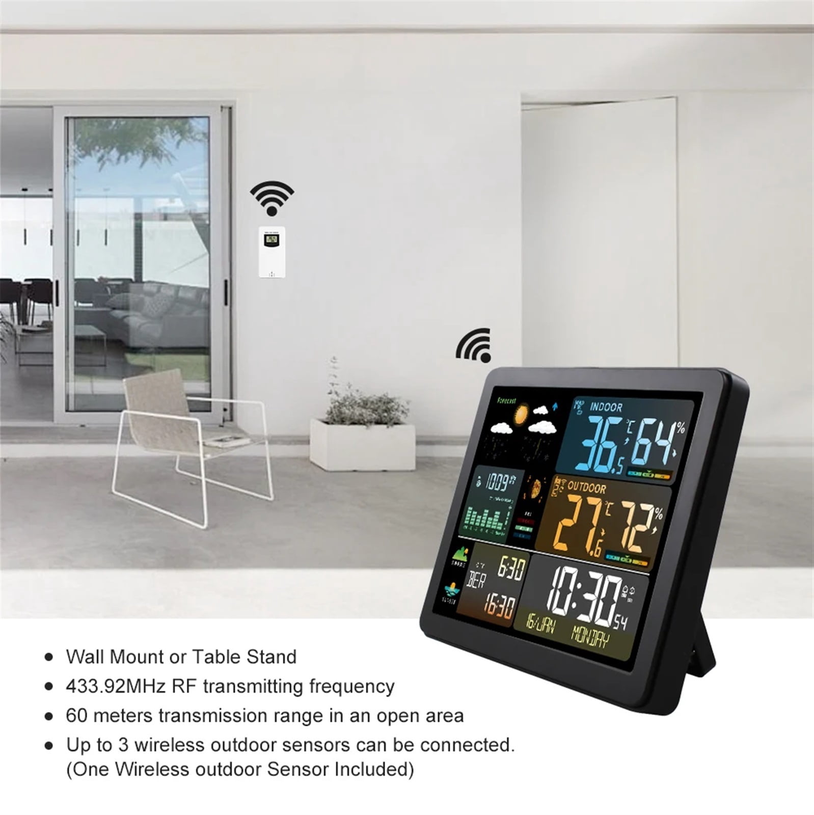 FJ3566M Smart Weather Station with Clock Temperature & Humidity Meter Large Color Screen Weather Clock Gauge with 1 Sensor ,High Precision