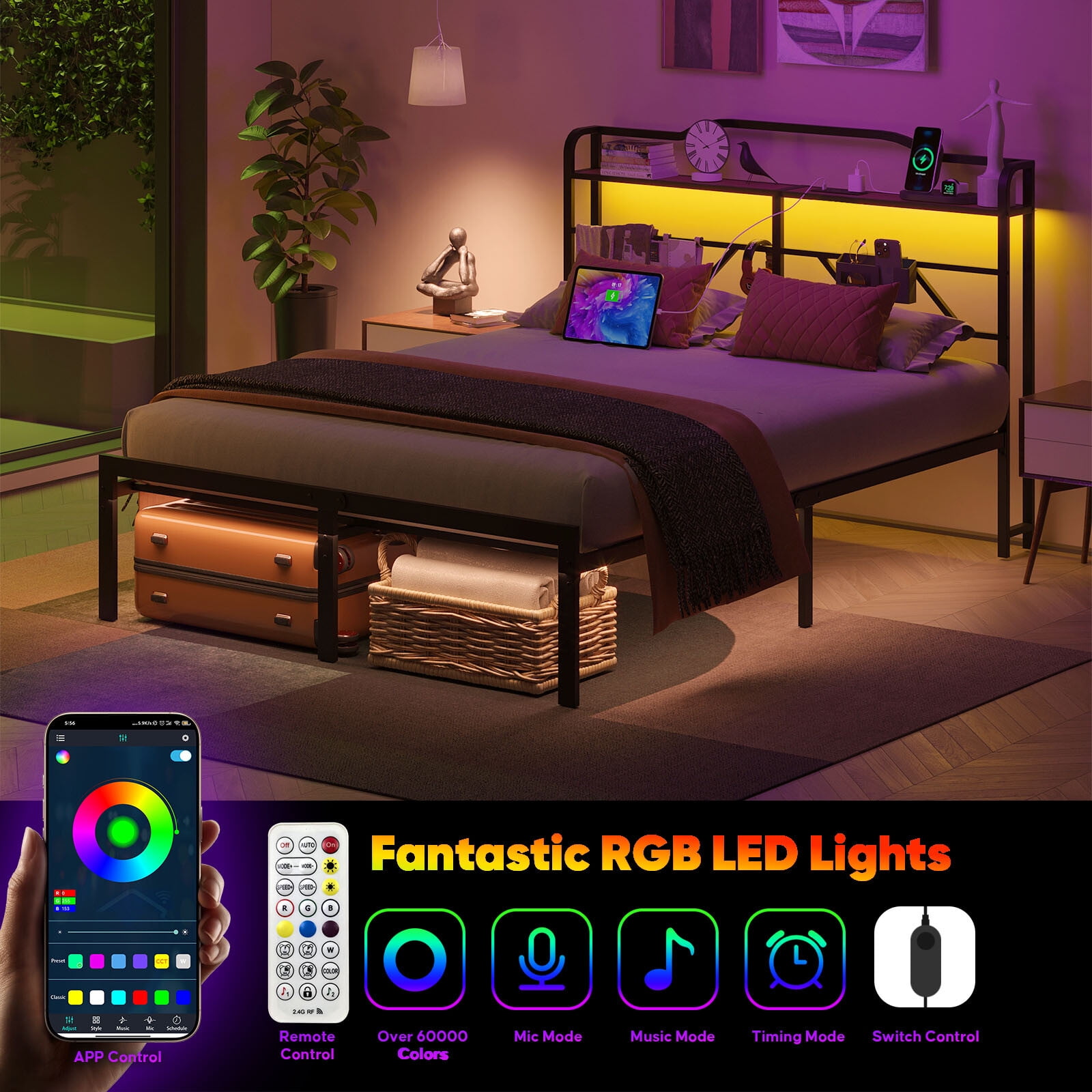 NISIEN Queen Size Bed Frame with LED Storage Headboard & Charging Station, Metal Platform Bed, Black