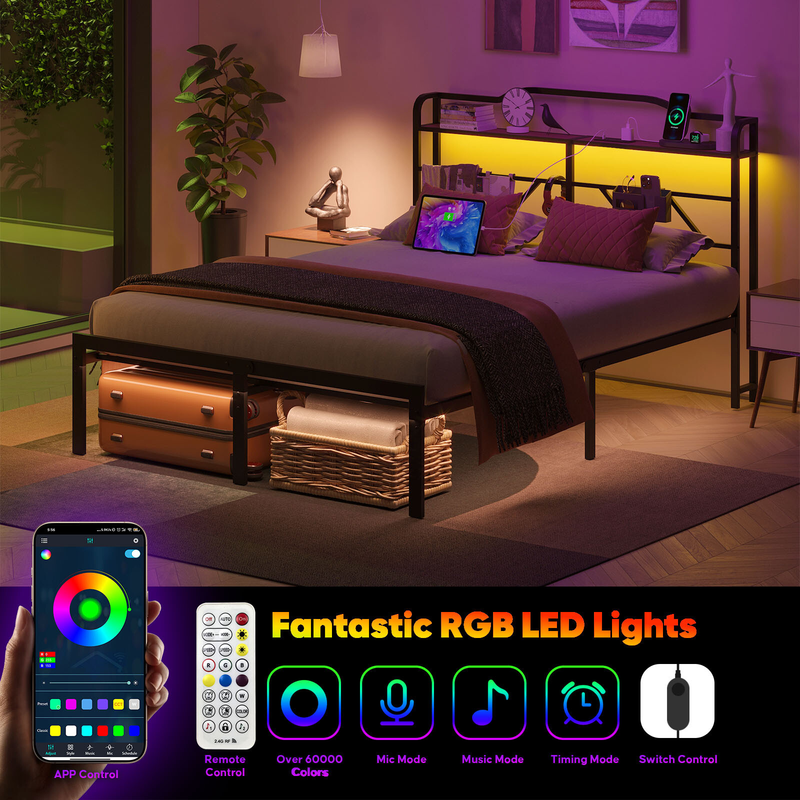 Nisien Queen Platform Bed With LED Storage Headboard photo 4