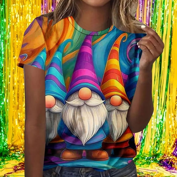 Cadancy Mardi Gras Tshirts Women Carnival Short Sleeve Crewneck Loose Fit Shirts Funny Holiday Rave Party Tee Cozy Casual Trendy Outfits