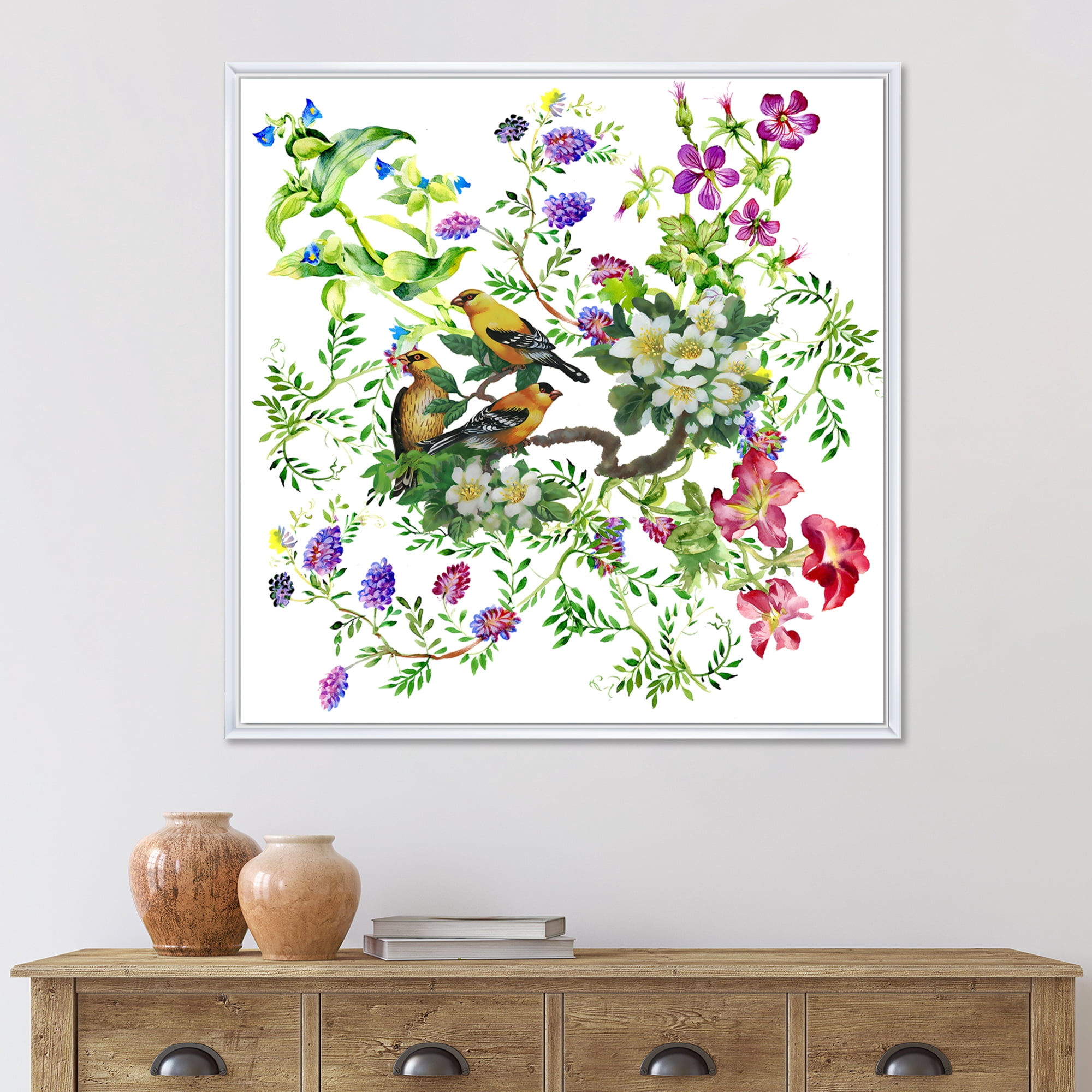 Designart 'Tropical Birds Sitting On Blooming Tree' Traditional Framed Canvas Wall Art Print