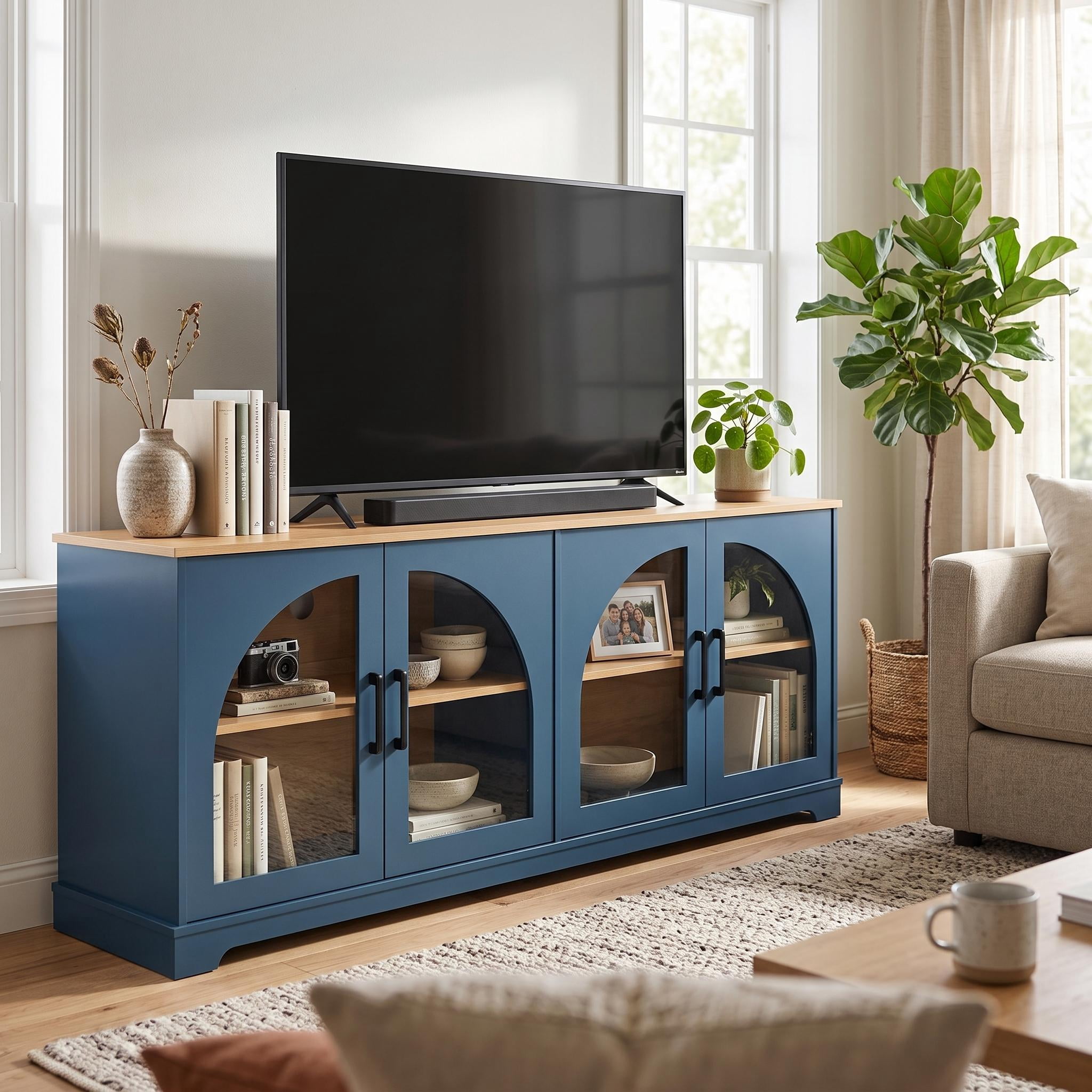 Homy Casa 67" TV Stand Media Console for TVs up to 70", Arched Glass Doors, Adjustable Shelves, Blue