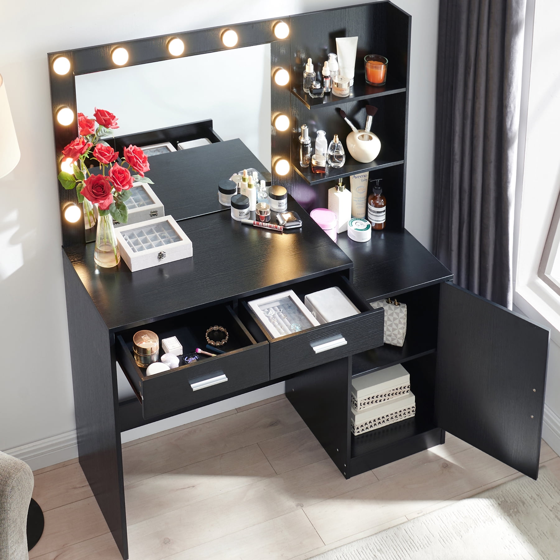 Hommoo 46.4" Vanity Desk with Mirror, 3 Colors Lights, 2 Drawers & Open Storage, Makeup Vanity Dressing Table for Bedroom, Black