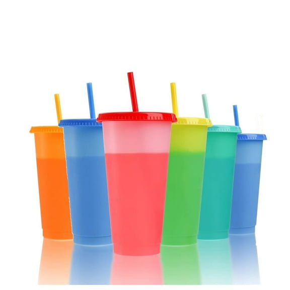 Color Changing Cups Tumblers with Lid & Straw - 24 oz Large Reusable Plastic Cups for Iced Cold Drinking Ice Coffee Cup Travel Mugs Bulk Clear Tumbler with Straws for Adult & Kids - 6 Pack
