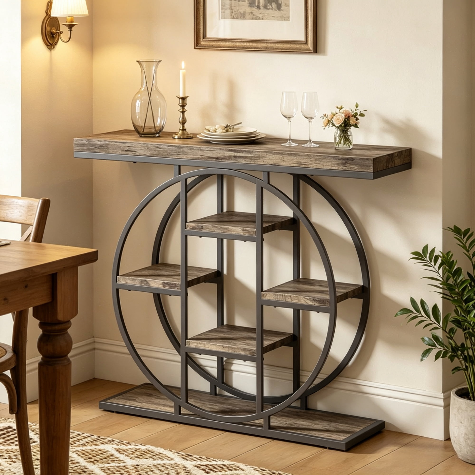 Industrial Sofa Table 39.4" Console Table with Storage Shelves Rustic Oak Finish for Living Room Hallway