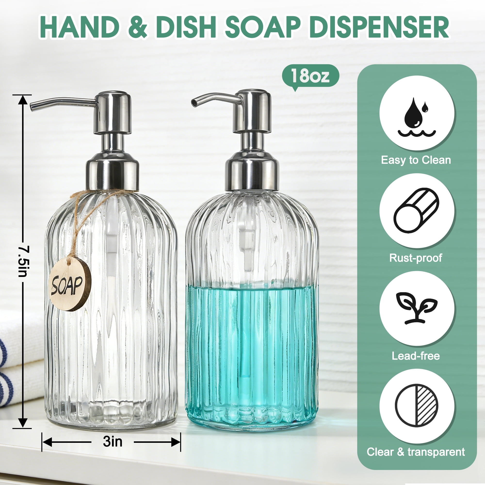 2 Pack Glass Soap Dispenser with Rust Proof Stainless Steel Pump, Refillable Hand Soap Dispenser with Vertical Stripe, Elegant Hand Soap Dispenser for Bathroom & Kitchen