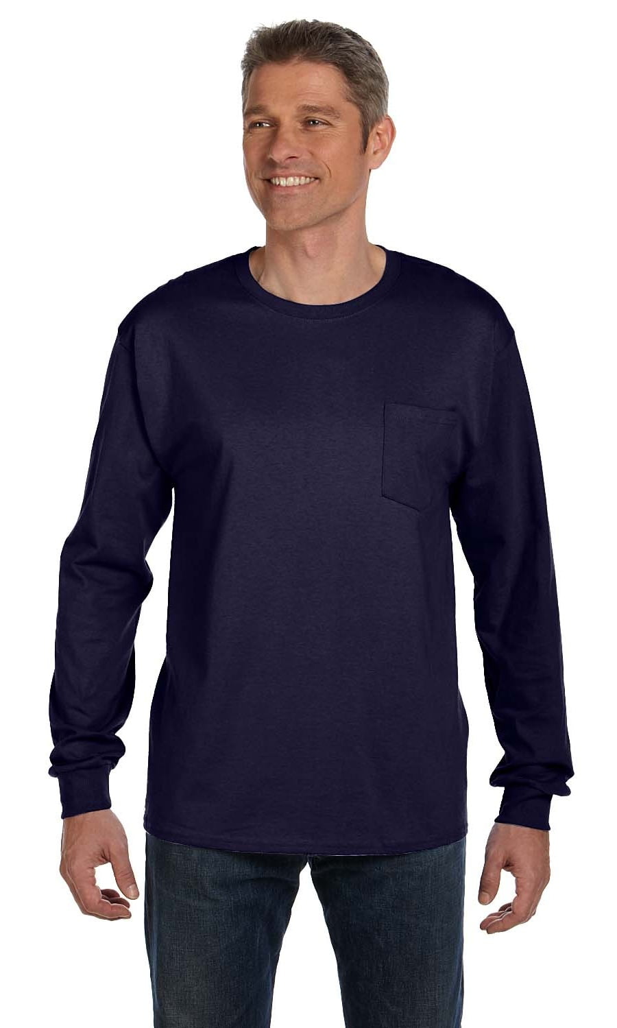 The Hanes Mens 61 oz. Tag less Long Sleeve Pocket T-Shirt - Navy - m ...