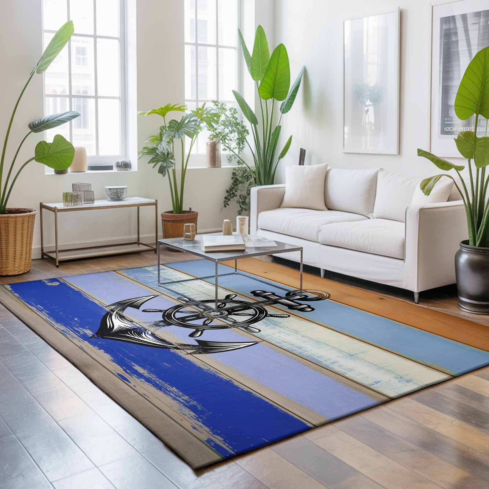 Large Area Rugs 5'x8', Nautical Anchor Carpet Runner Indoor Outdoor Rugs Home Decor Aesthetic, Vintage Navy Blue Wooden Boards Country Non Slip Mats Washable Accent Rug for Living Room Bedroom