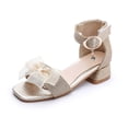 thumbnail image 5 of SGMVNU Girls Dance Dress Sandals Bowknot Square Open Toe Ankle Strap Low Heel Flower Girl Wedding Party Dress Shoes, Size 7-8 Years, Gold-1, 5 of 9