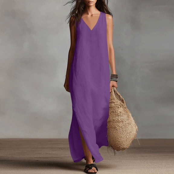 QUNYINEY A Line Womens Plus Size Dresses Long Sleeveless Cotton Linen Sundress Casual Loose Fit V Neck Solid with Slit Dresses