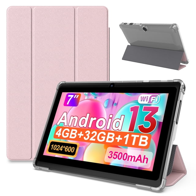 Tablette 7 Pouces Android 13 avec Étui, 4 Go+32 Go+1 To Extensible, Quad-Core, WiFi6, Batterie 3500mAh, Double Caméra, Rose