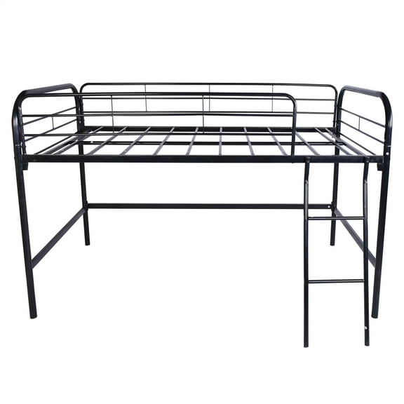 Twin Size Metal Loft Bed, Bedroom Twin Loft Bed Frame With Side Ladder And Safety Guard Rails, No Box Spring Needed, 13 Metal Slats Supports, Easy Assembly