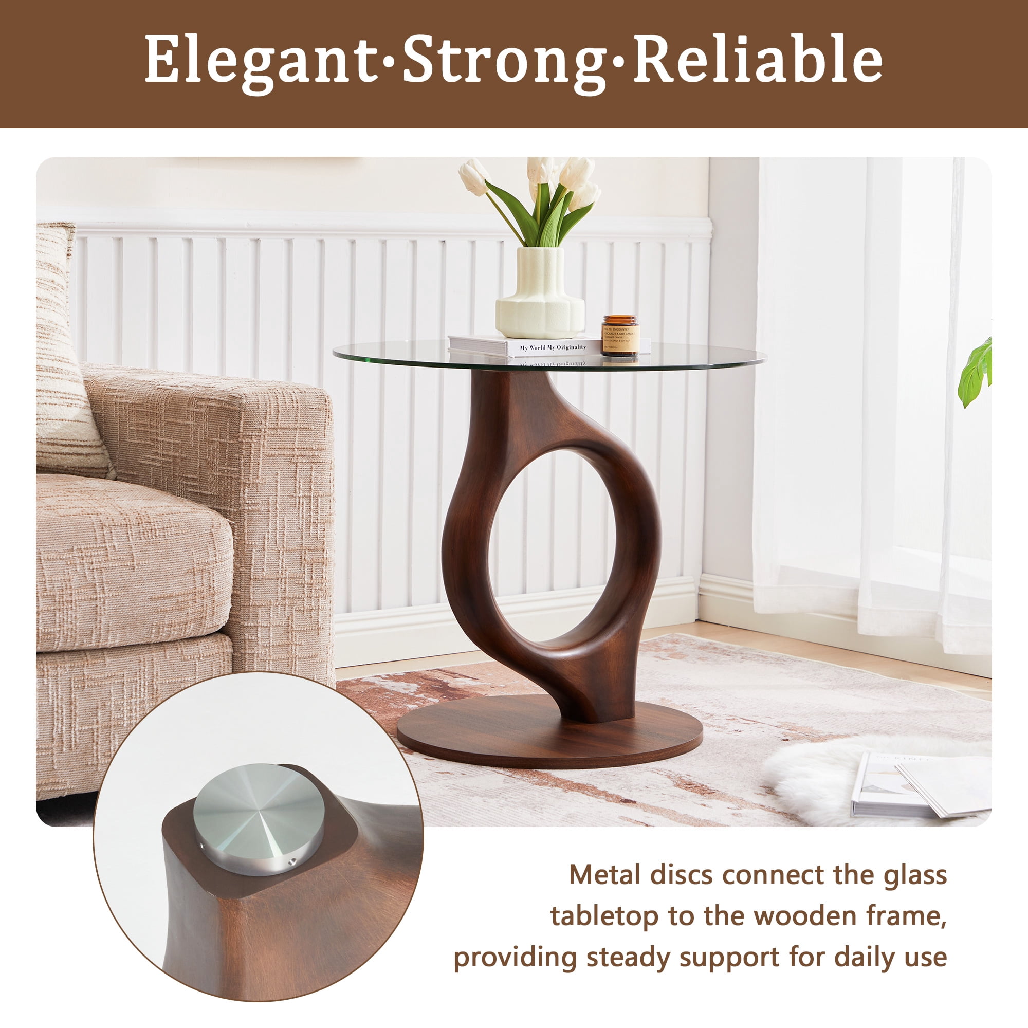 Wirrytor 27.55" Round Glass Coffee Table, Mid-Century Modern Side Table with Wood Base and Tempered Glass Top, Brown