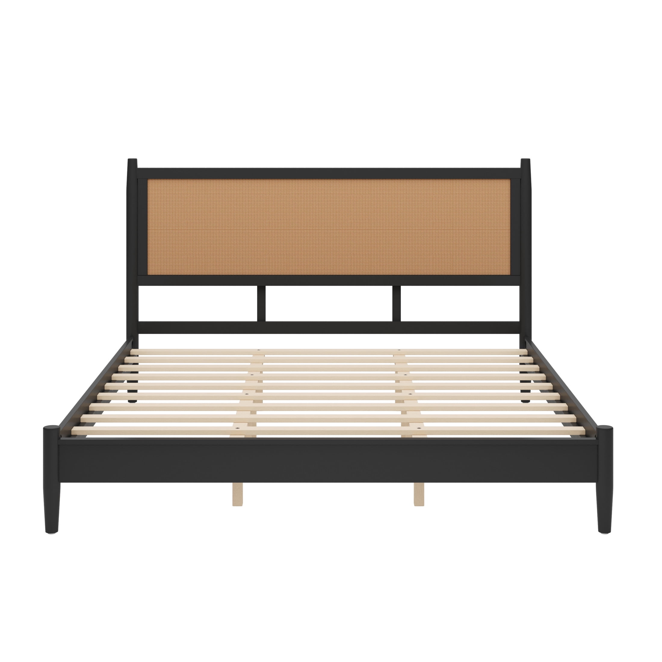 Christopher Knight Home Boho King Platform Bed Frame with Rattan Headboard, Wood Slat Support, Black