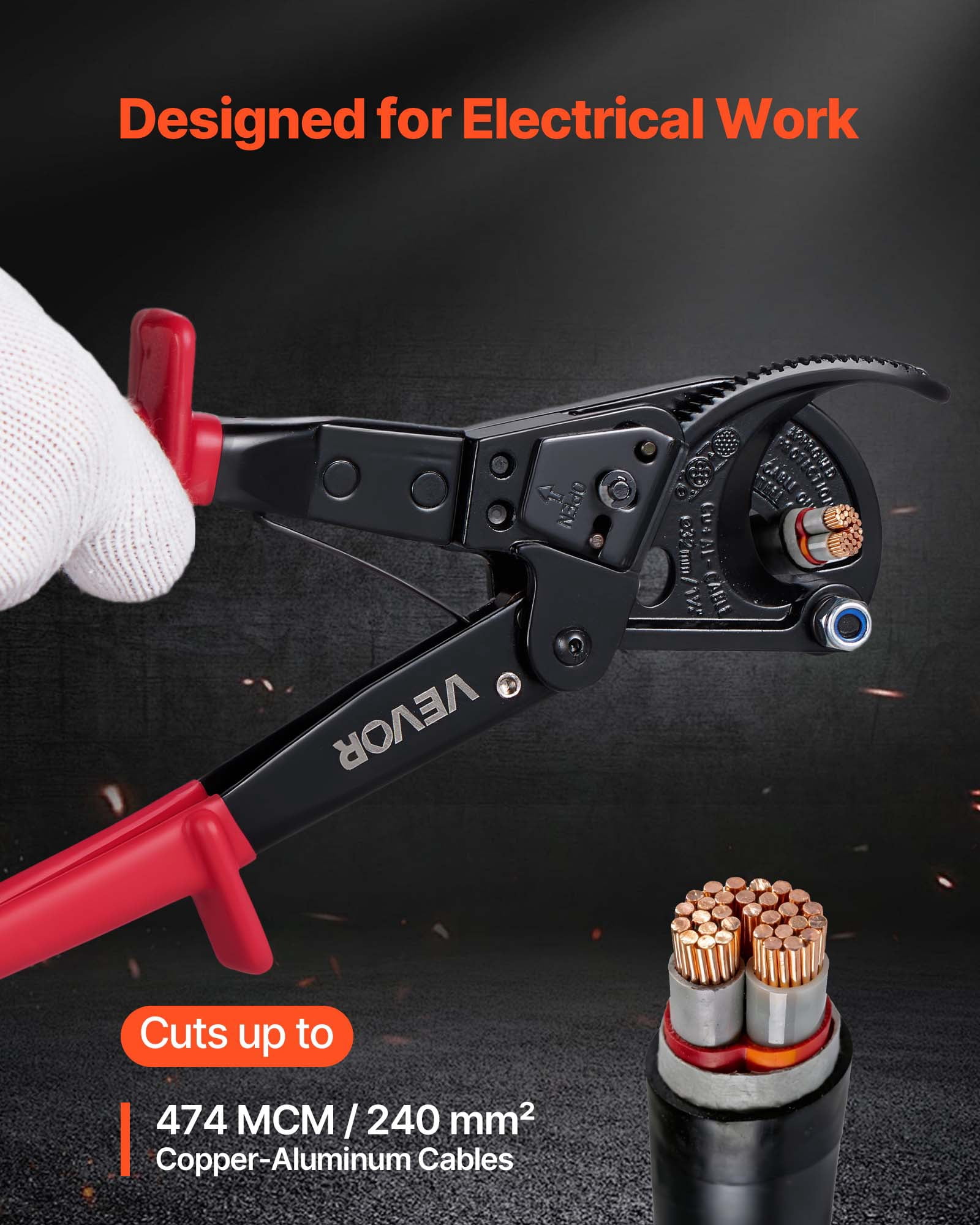 VEVOR Ratcheting Cable Cutter, Spring Steel Blades with PVC-Coated Handles, Quick-Release Button, Heavy Duty Ratchet Cable Wire Cutter for Cutting Copper & Aluminum Cables Up to 474 MCM / 240 mm²
