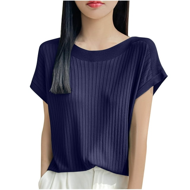 Timegard Hauts pour Femmes Manches Courtes Décontracté Ample Confortable Tricoté Couleur Unie Col Rond Tee Respirant