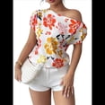 thumbnail image 1 of Blusa de Verano con Estampado Floral Fruncido y Hombros Descubiertos para Mujer. Rojo L, 1 of 10