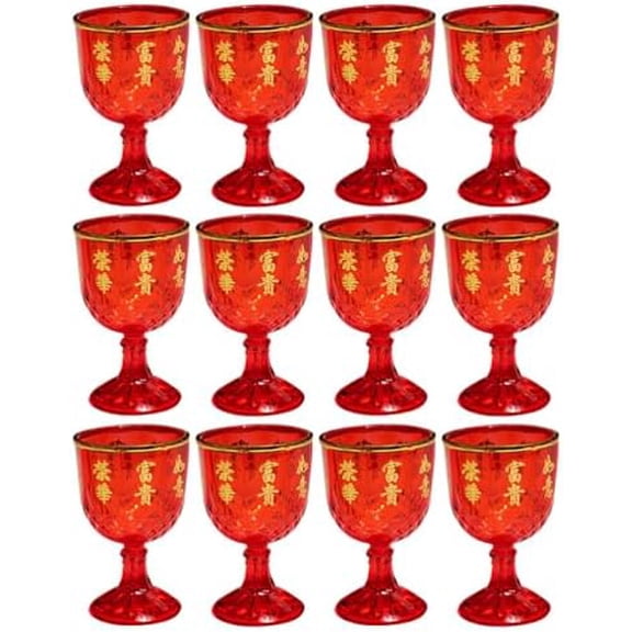 12Pcs Red Plastic Wine Glasses, Chinese Wedding Water Goblets, Stemmed Reusable Drinking Cup for 2026 New Year Reception Festive Party (40ml)$$Home Decor, Kitchen, & Other