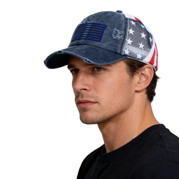 Men's Patriotic Baseball Cap 4th of July - Vintage Stripe Stars Mesh Trucker Hat Retro Ripped Ponytail Cap for Women Blue