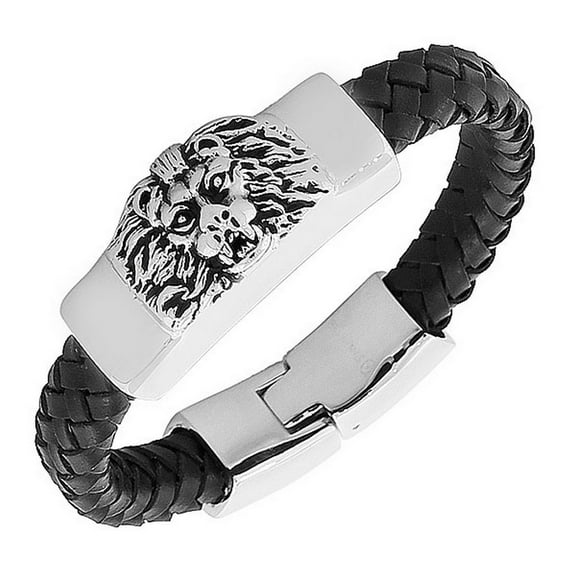 Stainless Steel Black Leather Silver-Tone Lion Head Men's Bracelet