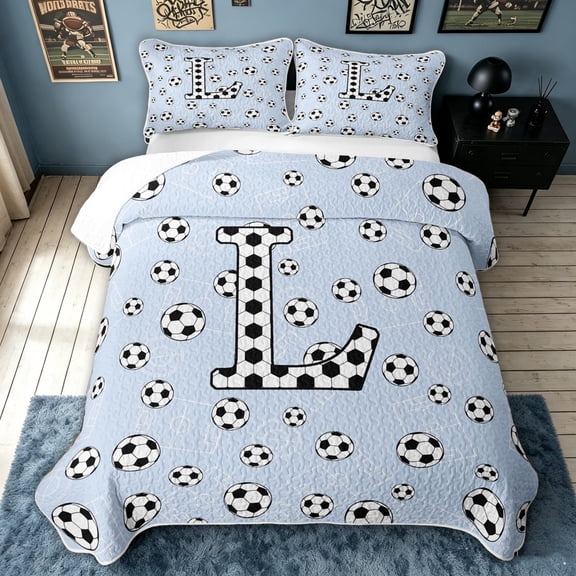 meiyoeat Cartoon Honeycomb L Letter Twin Quilt Set for Boys, Cute Football Lover Twin Coverlet Set, 2pcs, 1 Comforter and 1 Pillowcase