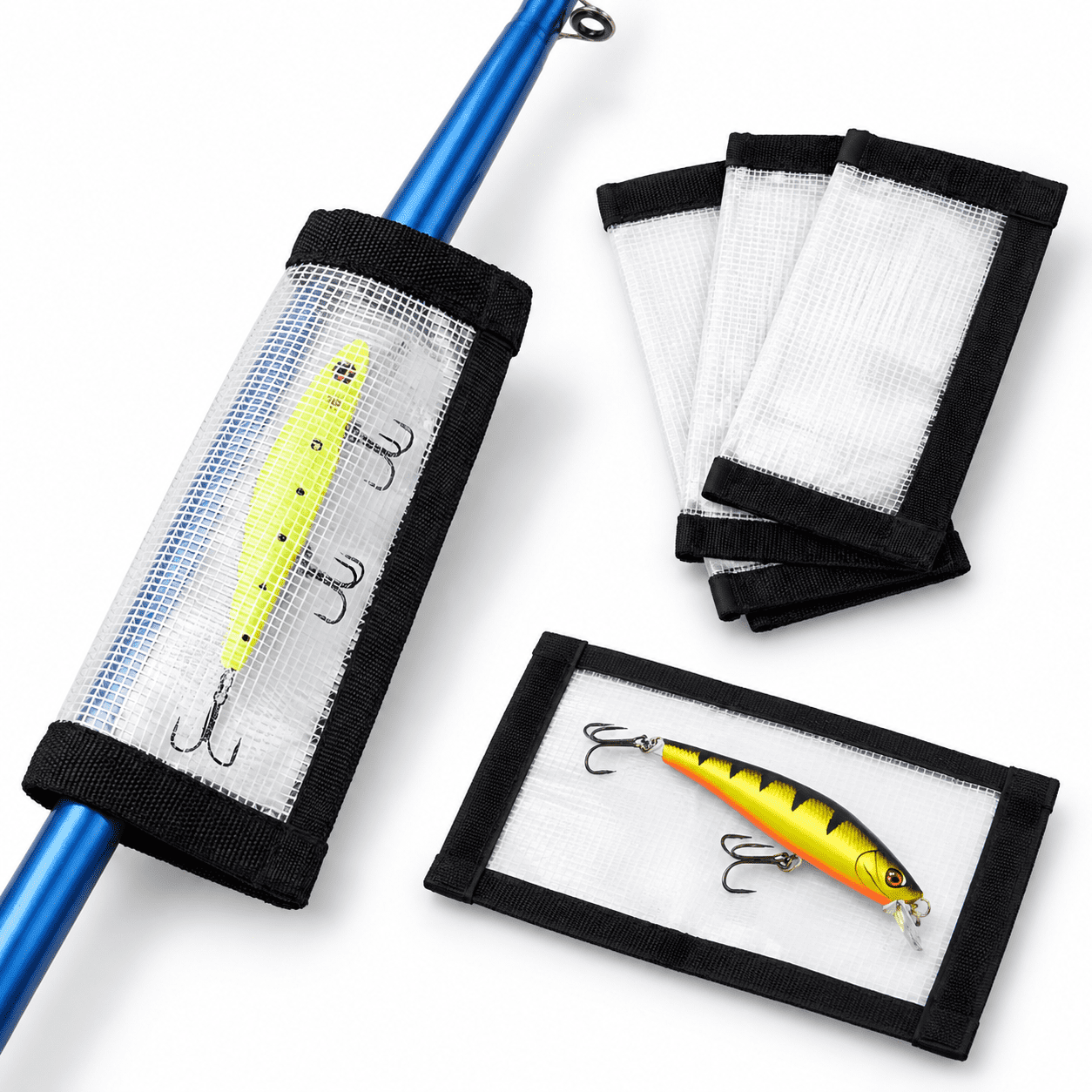 Fishing Lure Wrap (4pack) 3 Size Covers For Rod Hooks: Safe Protectors & Organized Holder Storvariobait (clear M: 4.5-6in Lures)