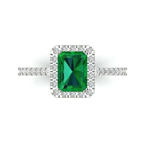1.86 ctw with Simulated Diamond Halo Accents Anniversary Ring for Women | Emerald Cut Simulated Emerald | Hyperallergenic Solid 14K White Gold