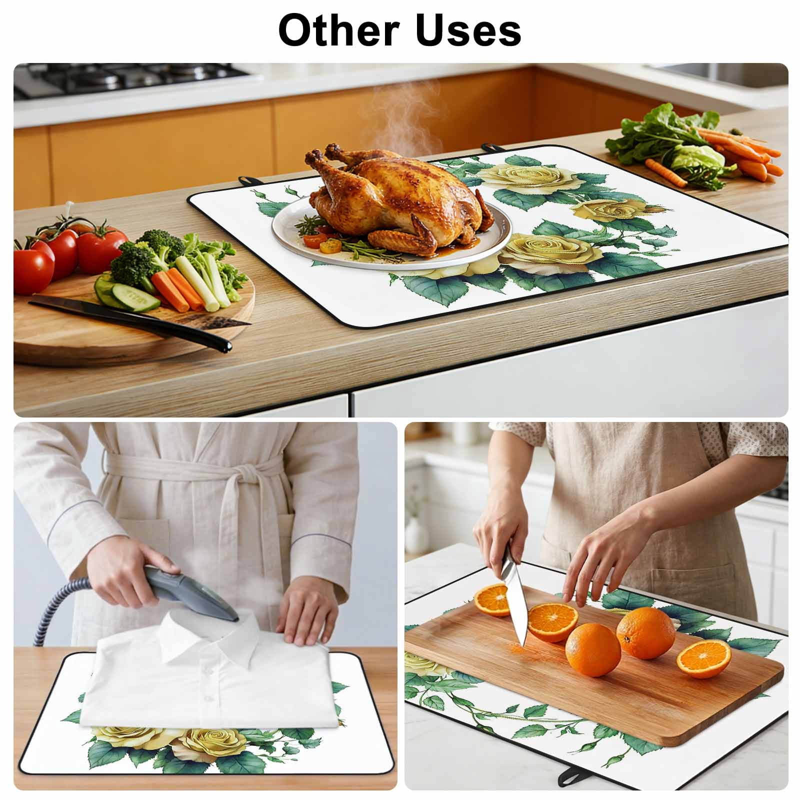 Yellow Rose Stove Top Cover for Electric Stove, Heat-proof & Non Slip Glass Top Stove Cover Protector, Flower Floral Spring Watercolor Green Leaf Kitchen Flat Cooktop Rubber Mat 24x21 Inches