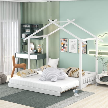 Twin to King Design House Bed  Wood Extending Daybed  Platform Bed Frame with Trundle for Boys and Girls  White