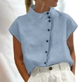 thumbnail image 2 of Womens Shirts Cotton Linen High Neck Cap Sleeve Casual Spring Summer T Shirts for Women Blue L, 2 of 5