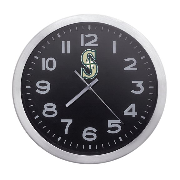 Wall Clock Home Decor or for a Patio/RV/Game Room 10" Round Silver Edge with a Black Face Featuring Your Choice of a Baseball Team Logo Vinyl Decal - FREE Battery Included (Mariners)