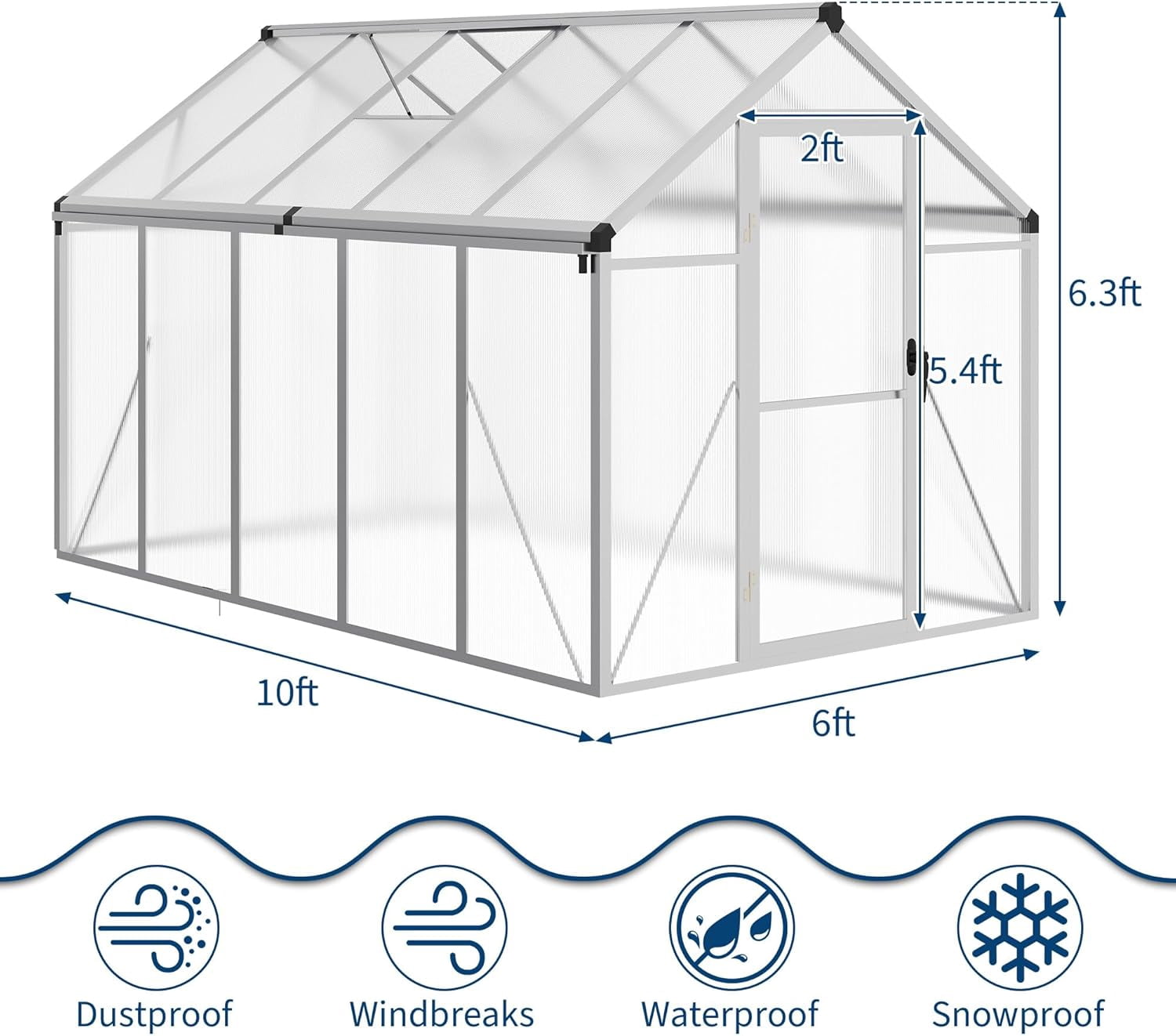 EastVita 6x10 FT Greenhouse for Outdoors Polycarbonate Greenhouse with Roof Vent Ground Nails Lockable Push Door Aluminum Large Walk-in Green House for Outside Garden Backyard Patio Lawn Silver