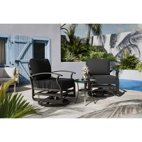 ASJMR 2pcs Outdoor Swivel Rocking Chairs Aluminum Patio Furniture Conversation Set with Coffee Table & Cushions,Black