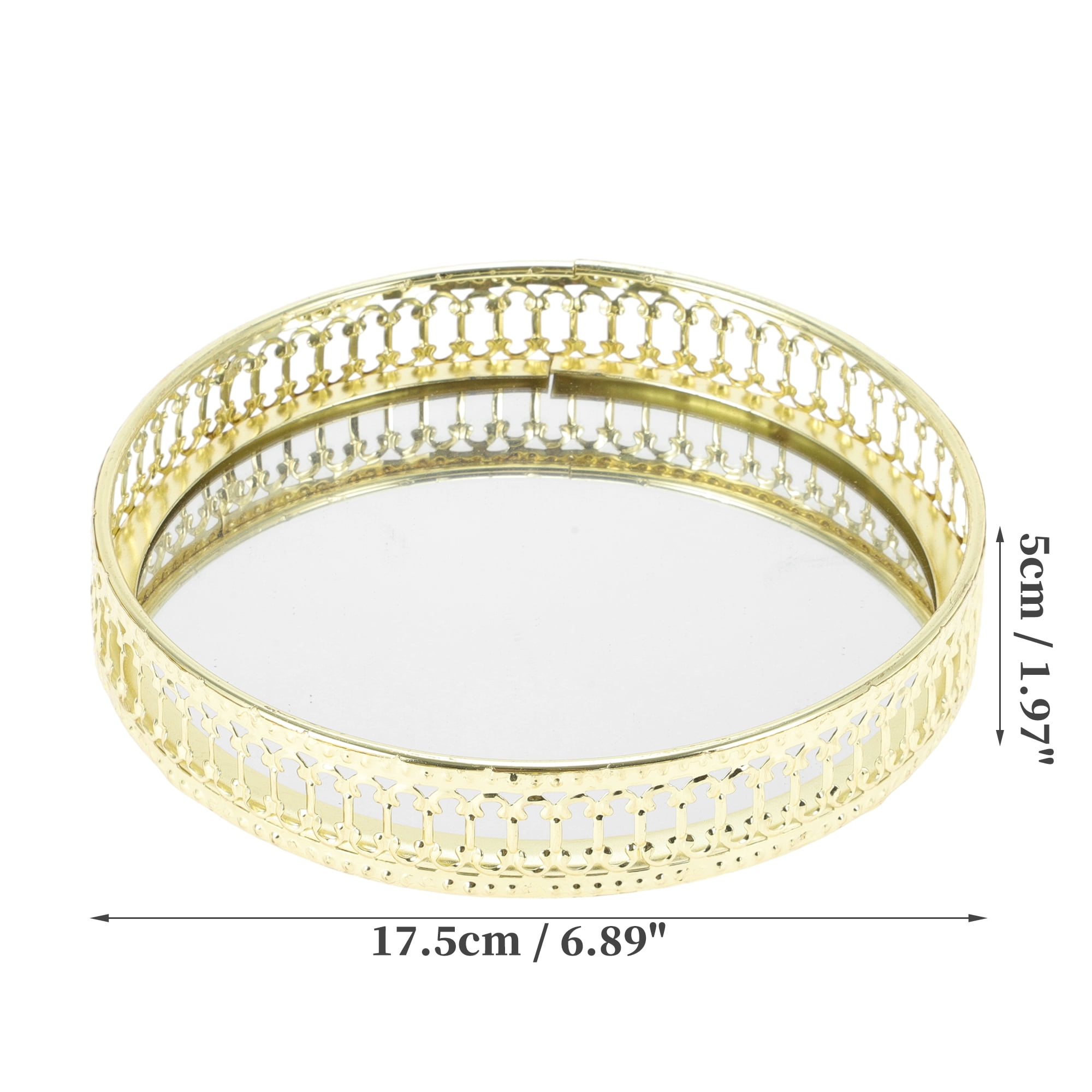 Unique Bargains Round Metal Perfume Tray Glass Candle Cosmetic Decorative Tray