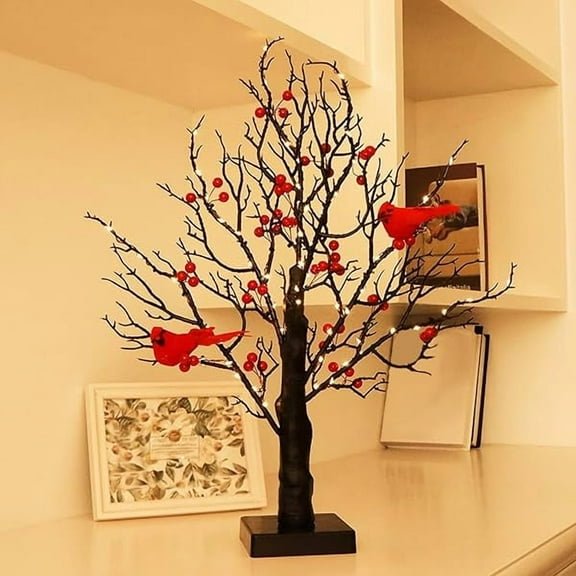 Vintage Glowing Tree with Cardinals, 21 in LED Cardinal Christmas Tree with Berries, Little Red Bird Trees Light, Twinkle Trees Lamp with Lighted Branches, Vintage Indoor Tabletop Christmas tree