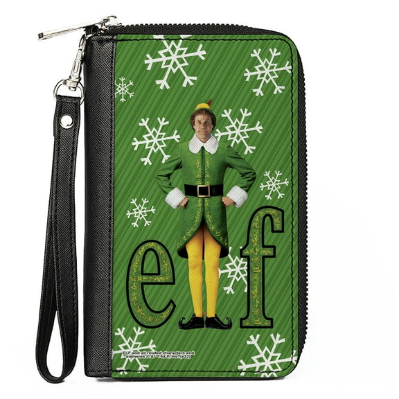 Warner Bros. Holiday Movies Wallet, Zip Around, Elf Buddy the Elf Logo Pose Snowflakes Greens White, Vegan Leather