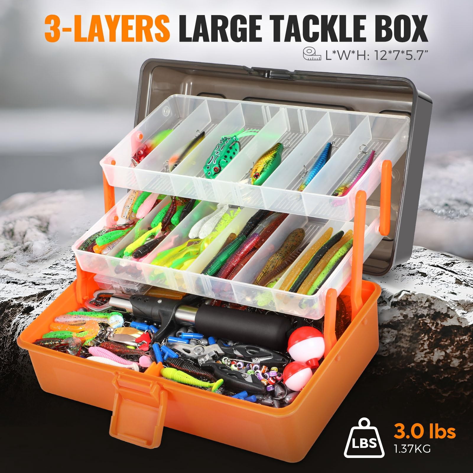 Large 3 Layers Fishing Tackle Box With Included  415pcs Lures Kit Contains Pliers Crankbait Hooks Weights & Accessories Gear Gifts For Men Starter Kits Bass Trout