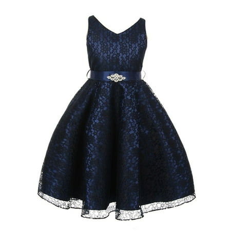 Brooches For Dresses - Good Girl Girls Navy Lace Brooch Accent Junior Bridesmaid Dress