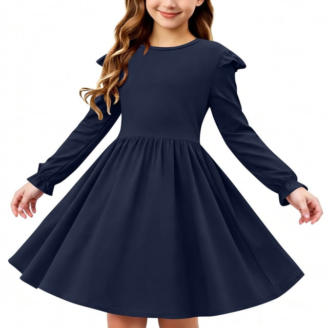 Vestido elástico de manga larga para niñas, estilo patinador, con volantes, estilo línea A, para recital escolar, de manga larga y cuello redondo, de poliéster.