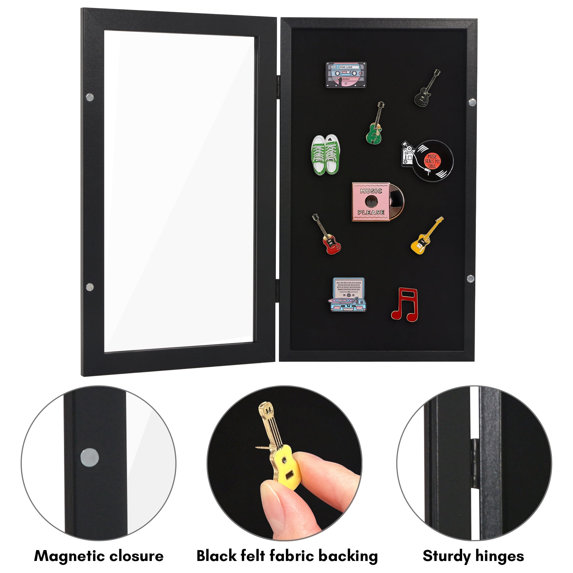 Americanflat 15x8.5 Picture Frame with Shatter-Resistant Glass Pin Display Case Ideal Enamel Pins - Black