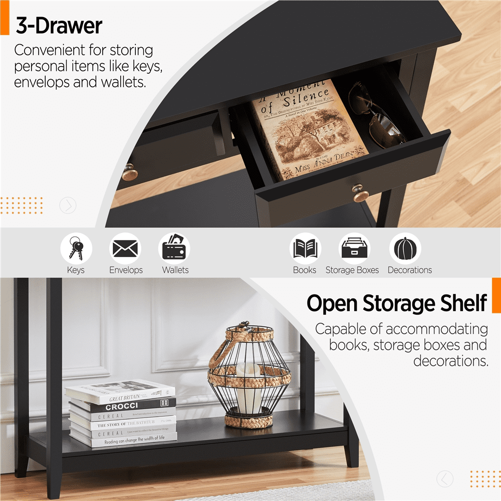Fullfurnique 3-Drawer Minimal Style Console Table with Pine Wood Legs and Storage Shelf, Black